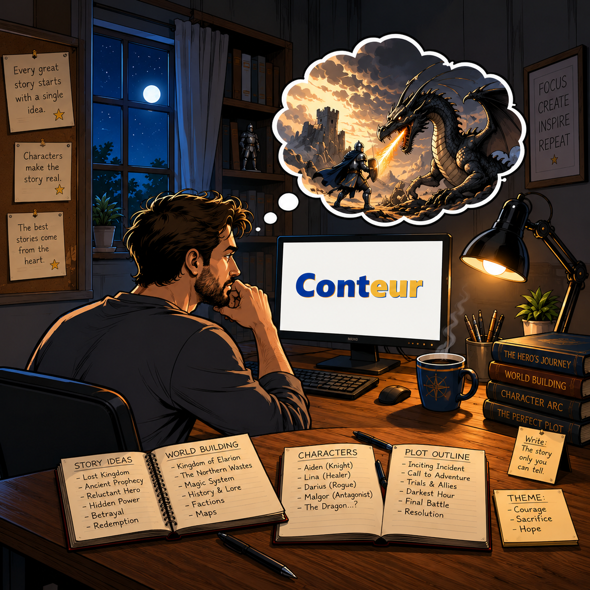 Conteur begins with your first spark of imagination.