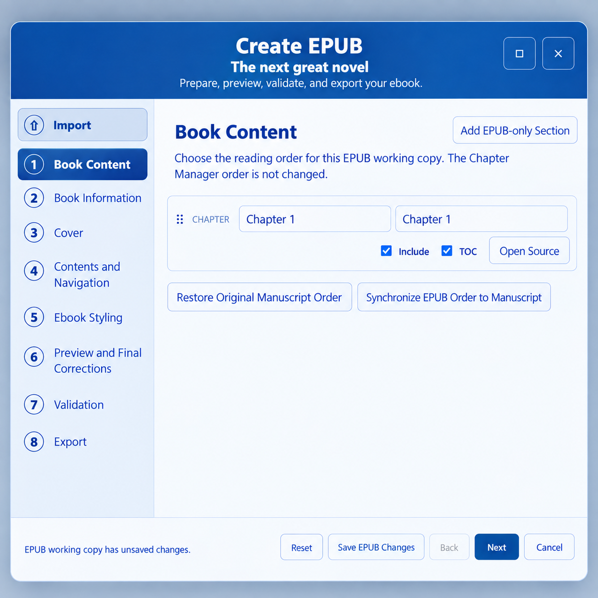 Epub Creator is the finish line. Its where you take your finalized novel and convert it to a publishable format that E-readers and publishing platforms accept.