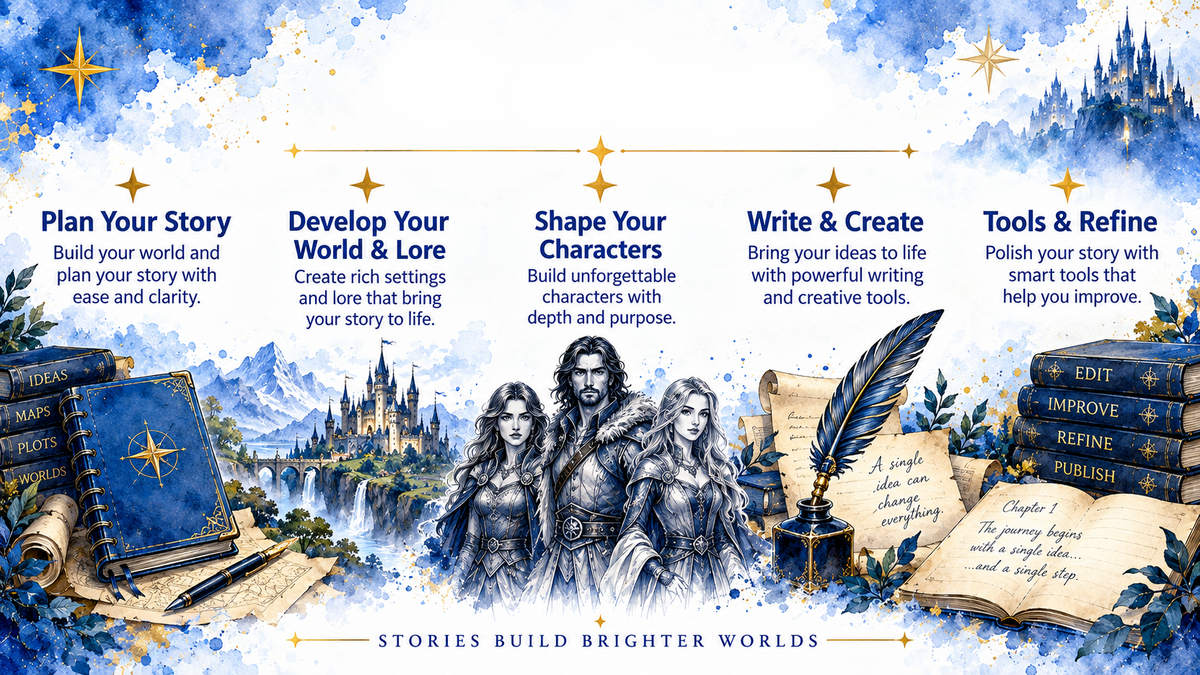 Plan Your Story, Develop Your World & Lore, Shape Your Characters, Write & Create, Tools & Refine.