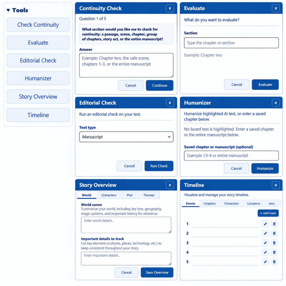 Tools including: Check Continuity, Evaluate, Editorial Check, Humanizer, and Timeline.