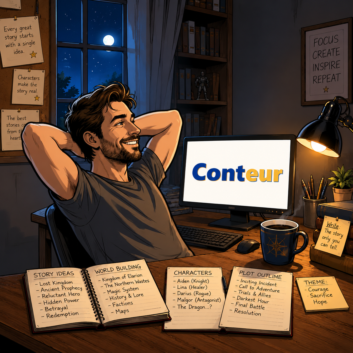 With Conteur at your side the rewarding satisfaction that comes from completing a novel can be yours.