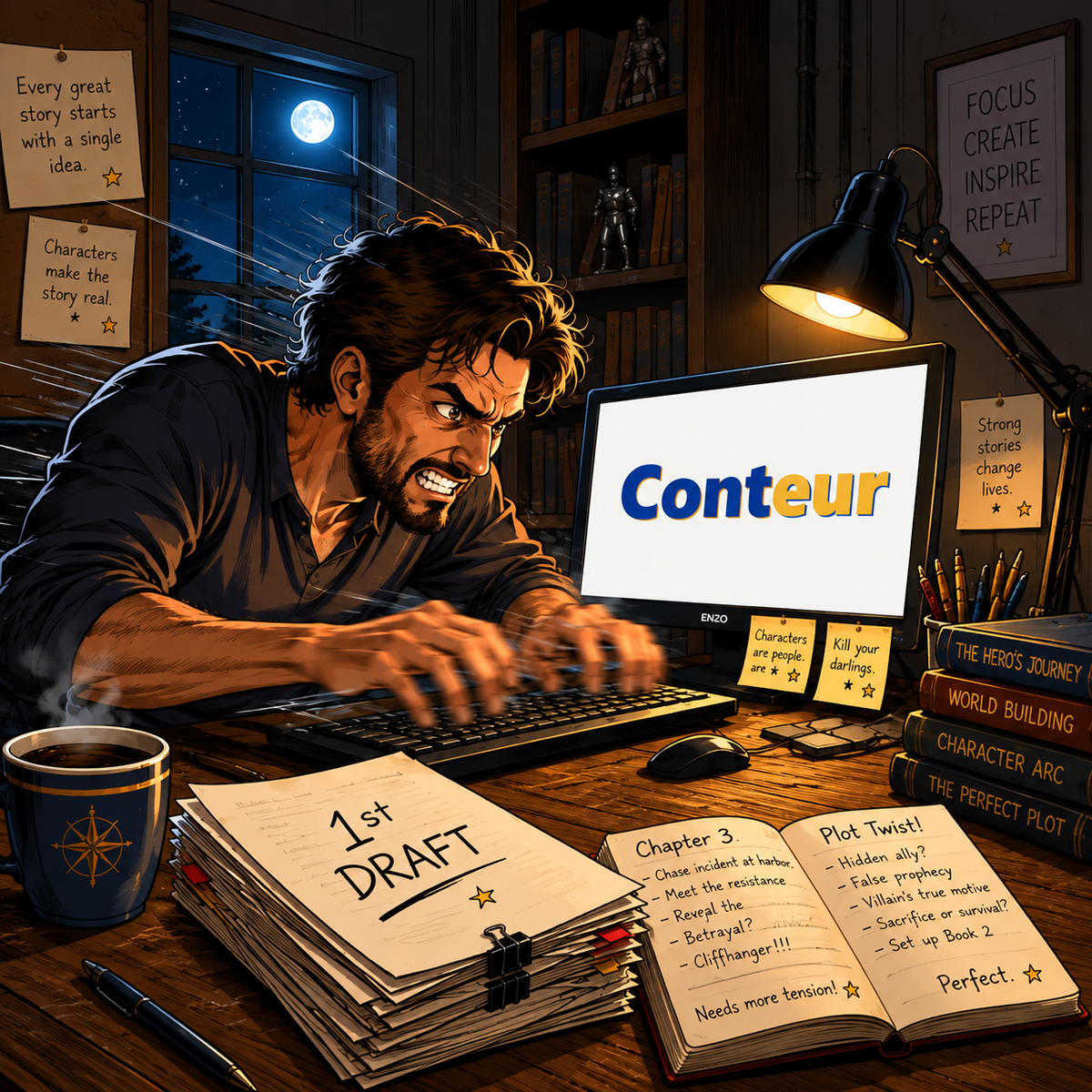 With Conteur you will soon be caught in the enthralling excitement that is Novel Crafting.